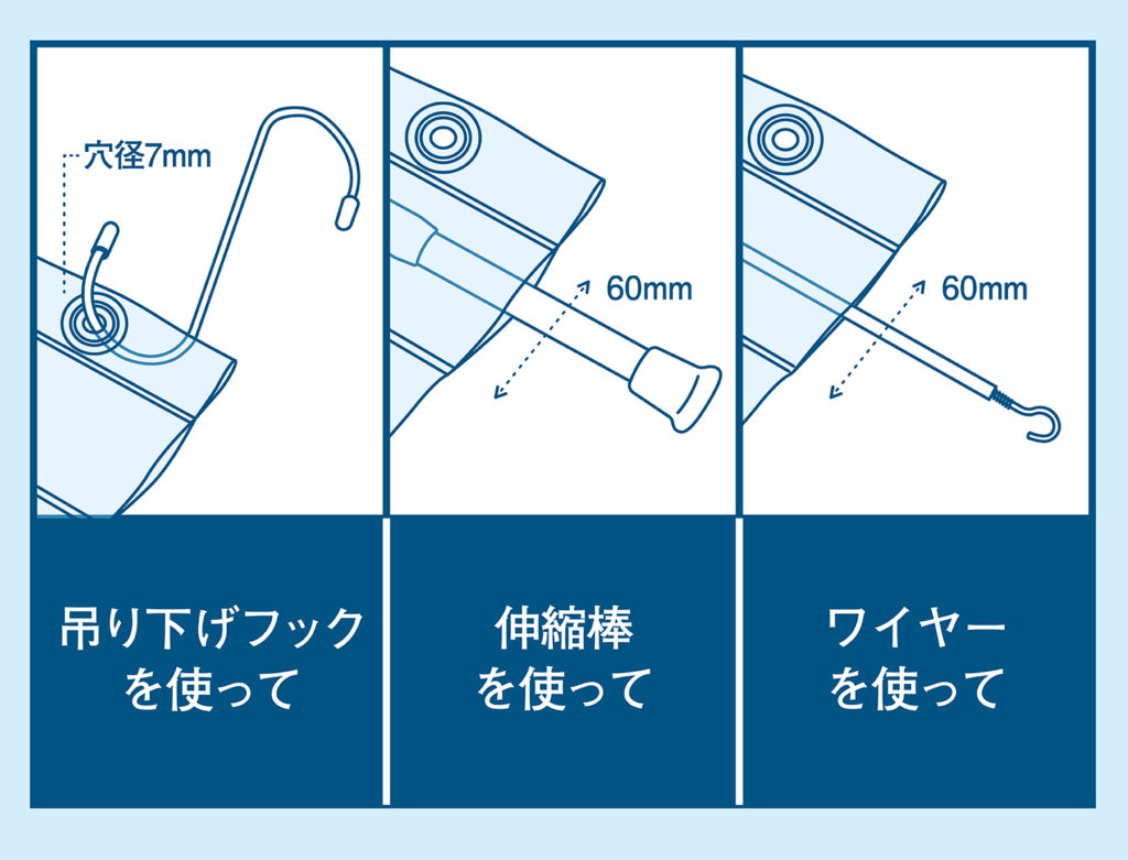 飛沫防止ビニールカーテンにフックを通せる。ポールを通せる。ワイヤーを通せる。