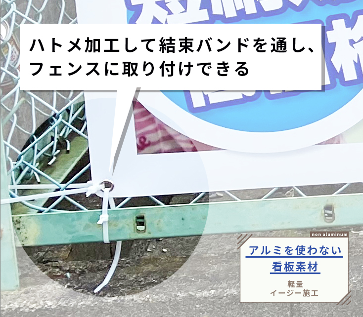 ノンアルミ複合板にハトメ加工して結束バンドを通しフェンスに取り付けした