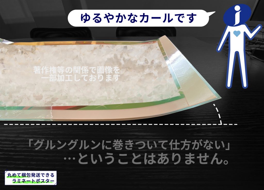 ラミポスターを丸めたもの、３日後、包装を解いた状態。ゆるやかなカールです。グルングルンに巻きついて仕方がない…ということはありません