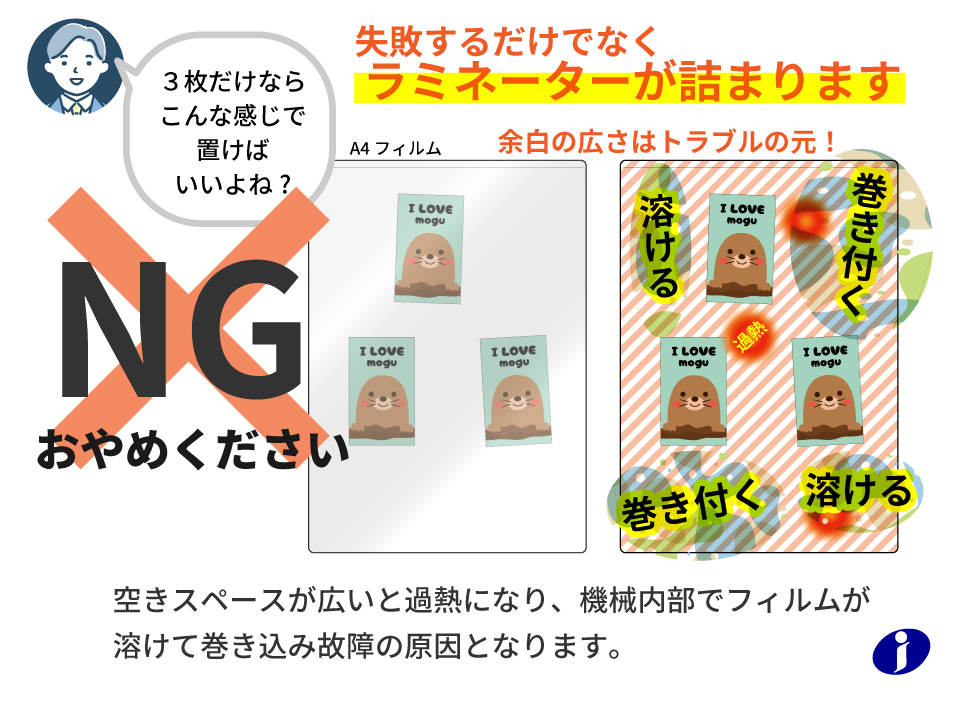 失敗するだけでなくラミネーターが詰まります。余白の広さはトラブルの元！巻き付く、溶ける