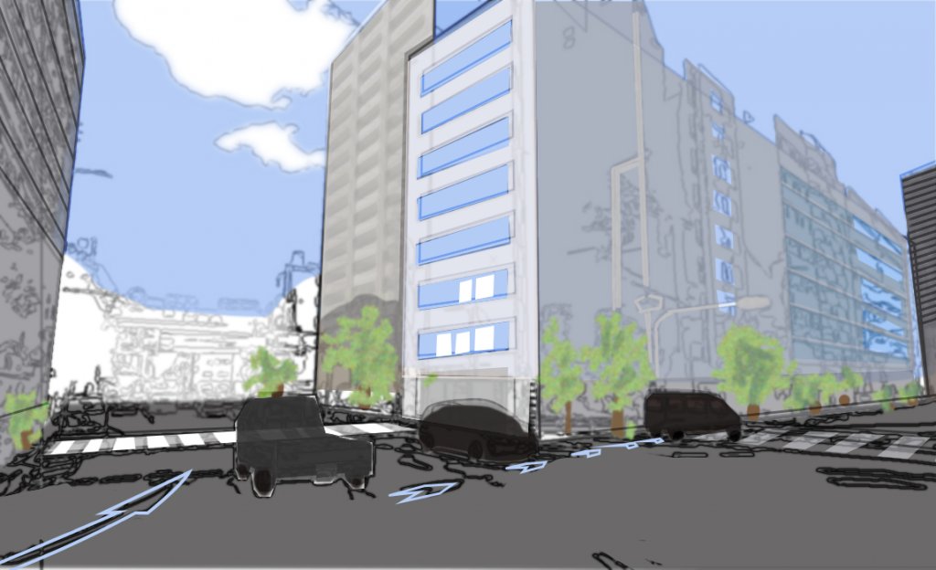 交差点の風景。ビルの前に街路樹や車がある