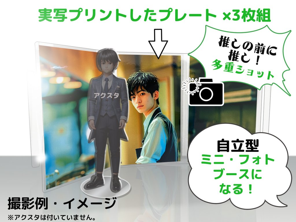 実写プリントされたプレート3枚組のイメージ。背景に風景写真、手前にアニメキャラクターの全身アクリルスタンドと、男性が写った写真プレートが、自立型のミニフォトブースとして立てられている様子。『推しの前に推し！多重ショット』『自立型ミニ・フォトブースになる！』などの吹き出しがあり、カメラのアイコンも描かれている。下部には『撮影例・イメージ』とあり、『※アクスタは付いていません。』との注意書きがある。