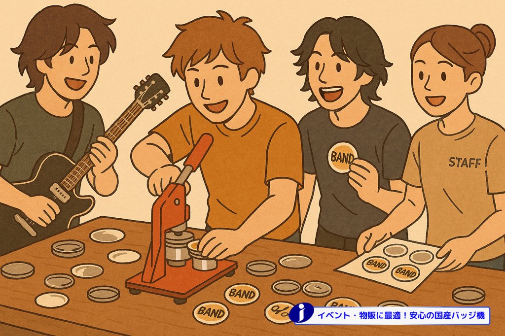 バンドメンバーらしき4人が、赤いバッジマシンを使ってオリジナルの缶バッジを作っているイラスト。一人がギターを持ち、一人がバッジをプレスし、一人がバッジを持ち、一人が原稿を持っている。