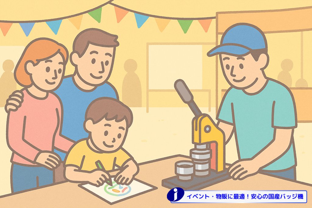 祭りやイベント会場らしき場所で、少年が絵を描き、帽子をかぶった男性が黄色い缶バッジマシンでバッジを作っているイラスト。両親が見守っている。