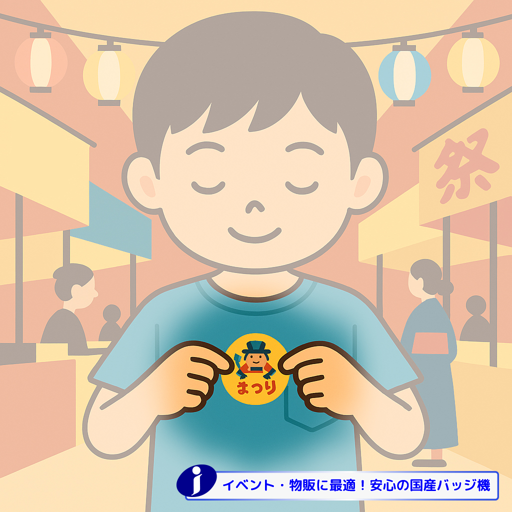 夏祭りの屋台を背景に、青いTシャツを着た少年が、胸に貼られた「まつり」と書かれた丸い缶バッジを両手で触れているイラスト。