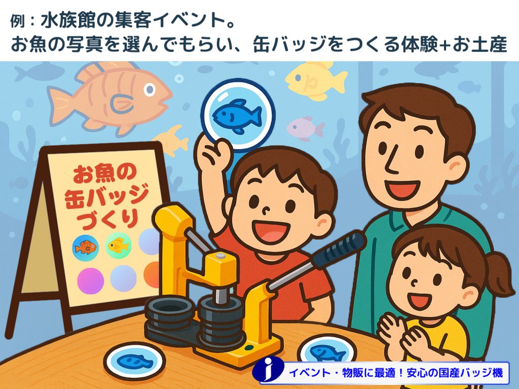 水族館の集客イベント。
お魚の写真を選んでもらい、缶バッジをつくる体験+お土産