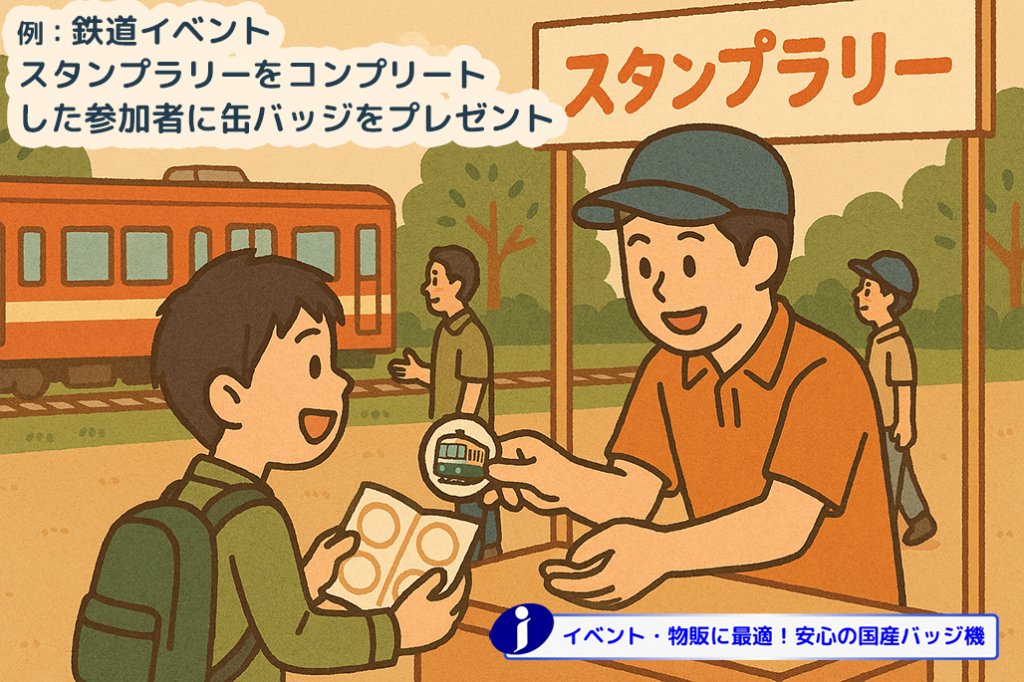 「鉄道イベント スタンプラリー」のイラスト。スタッフの男性が、スタンプラリーをコンプリートした参加者の少年に電車のイラストが入った缶バッジをプレゼントしている。