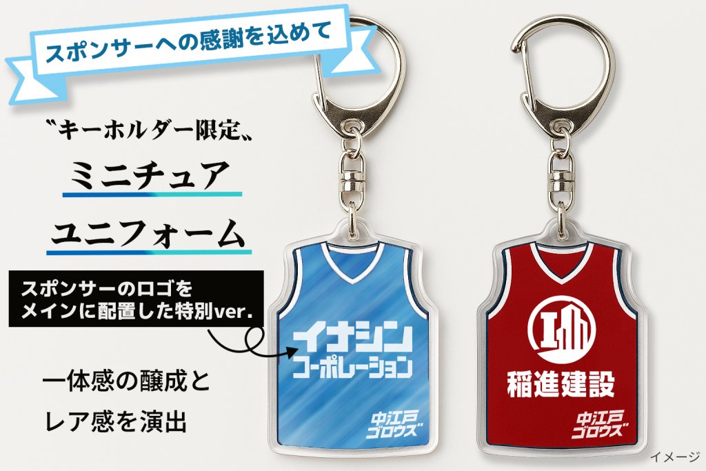スポンサーロゴ入りキーホルダーの活用例 チーム名や背番号の代わりに、企業ロゴを大きく配置した「スポンサー向け特別版」キーホルダーのイメージ写真